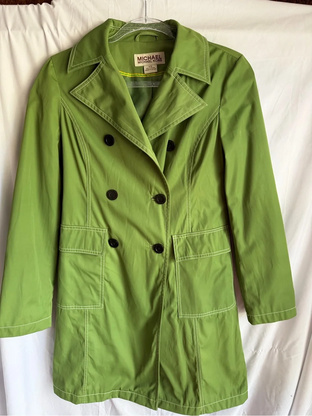Michael Kors Double Breasted Green Trench Coat Size XS EUC Retro preppy